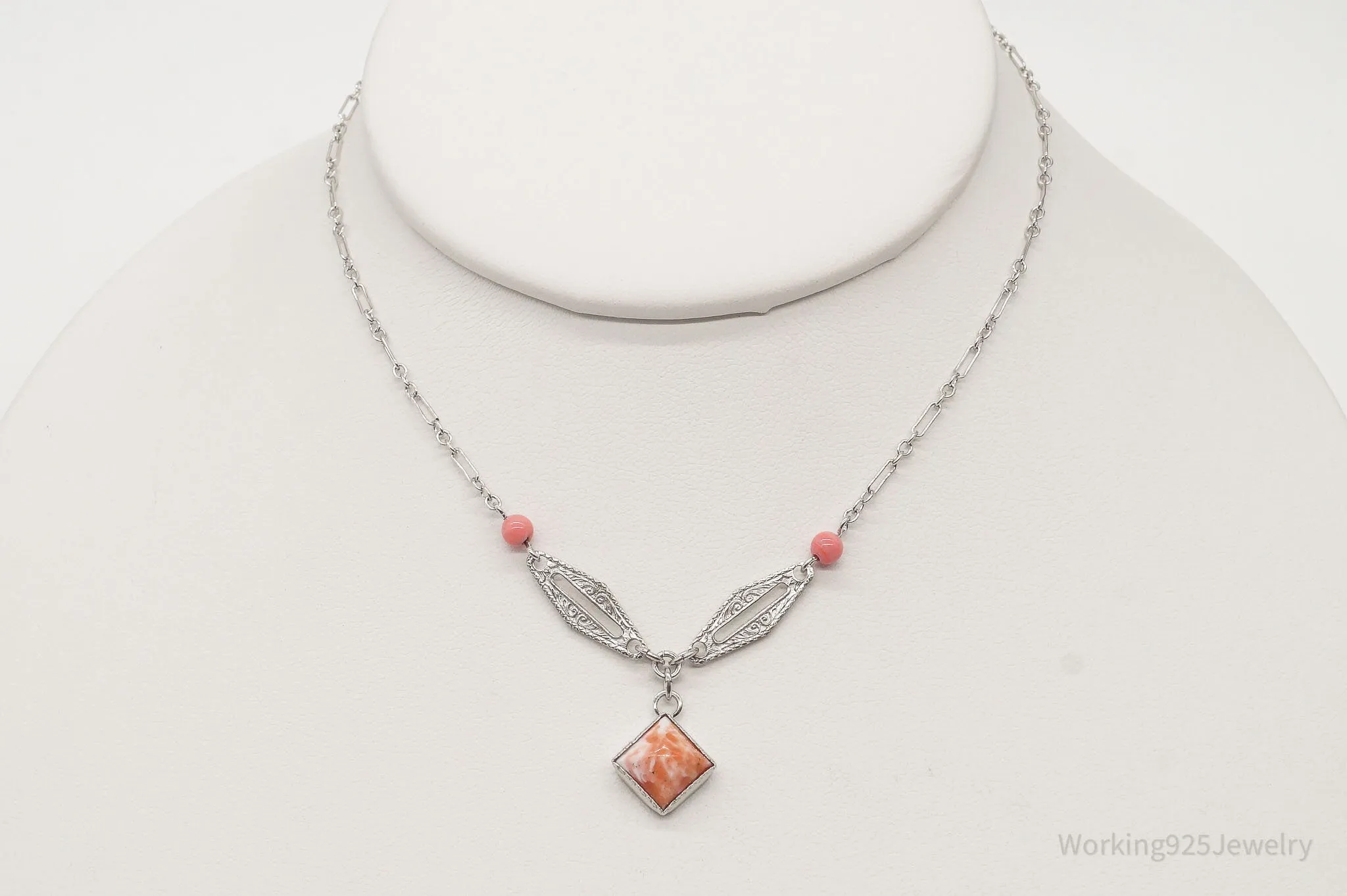 Antique Pink Stone Sterling Silver Necklace