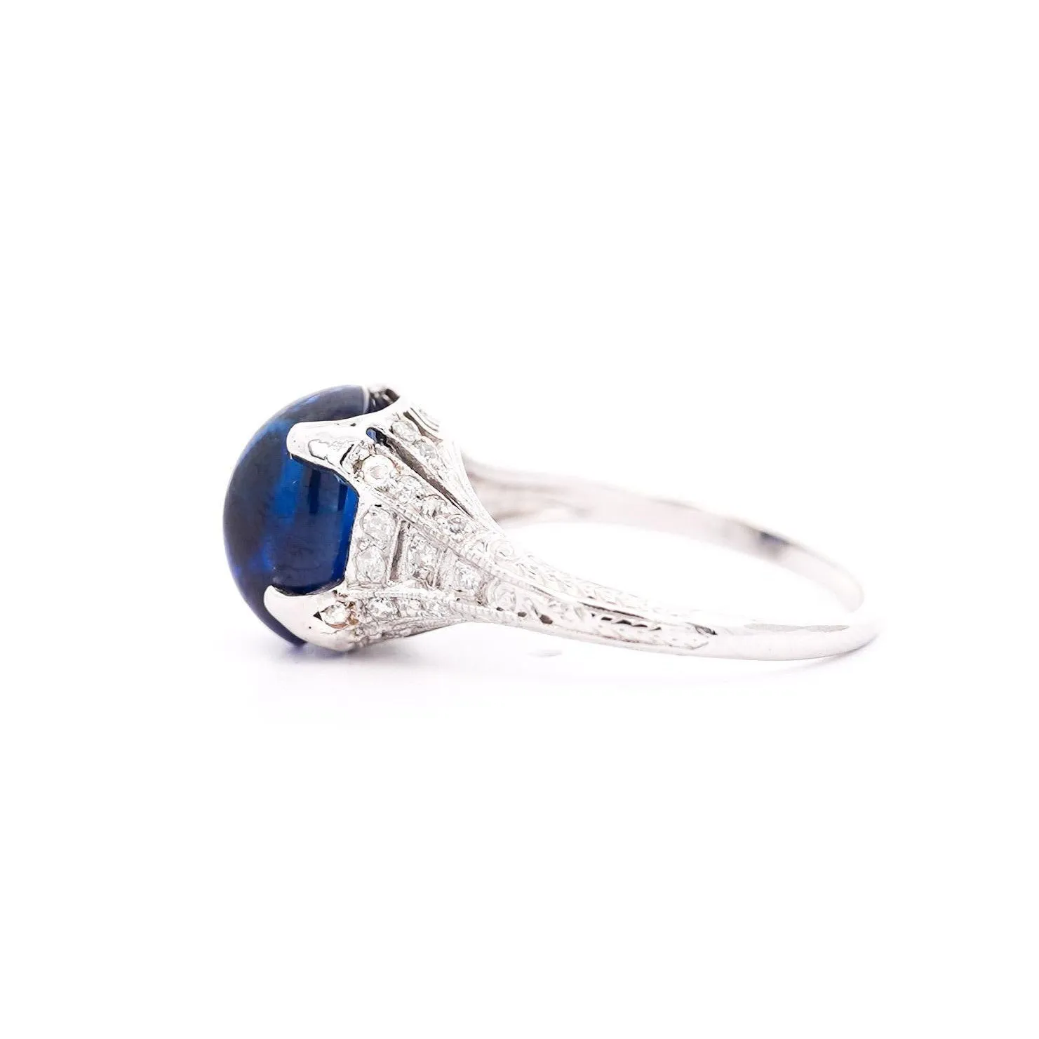 Antique Platinum 5.50 Carat Cabochon-Cut Ceylon Sapphire & Diamond Ring