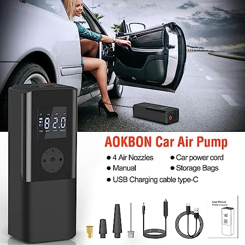 AOKBON Mini Portable Air Compressor 150 PSI Rechargeable Electric Air Pump DC12V Tire Inflator with Digital Display LED Light USB Charging for Car Motorcycle Ball Outdoor