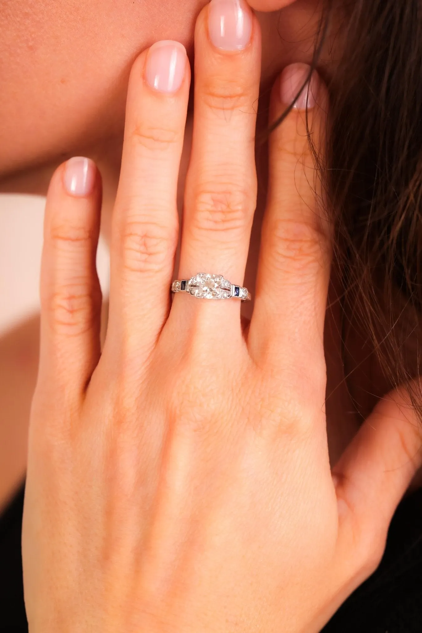 Art Deco Diamond Sapphire Platinum Engagement Ring