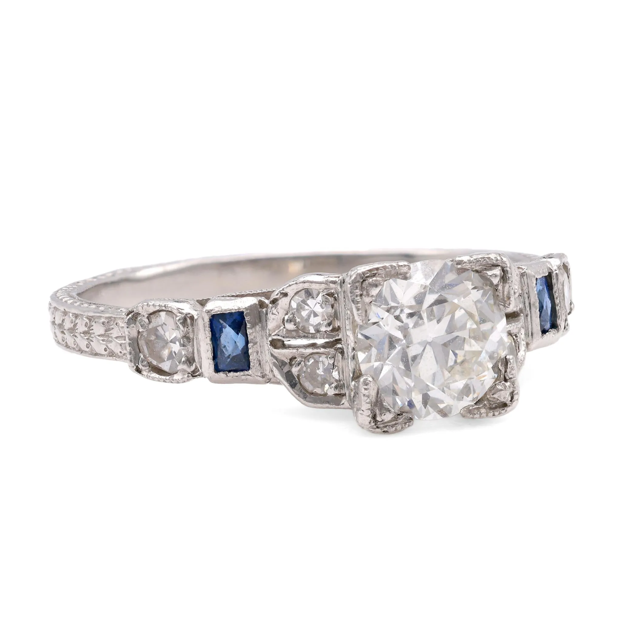 Art Deco Diamond Sapphire Platinum Engagement Ring