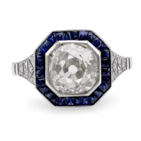 Art Deco Inspired 2.49 Carat Old Mine Diamond Sapphire Platinum Halo Ring