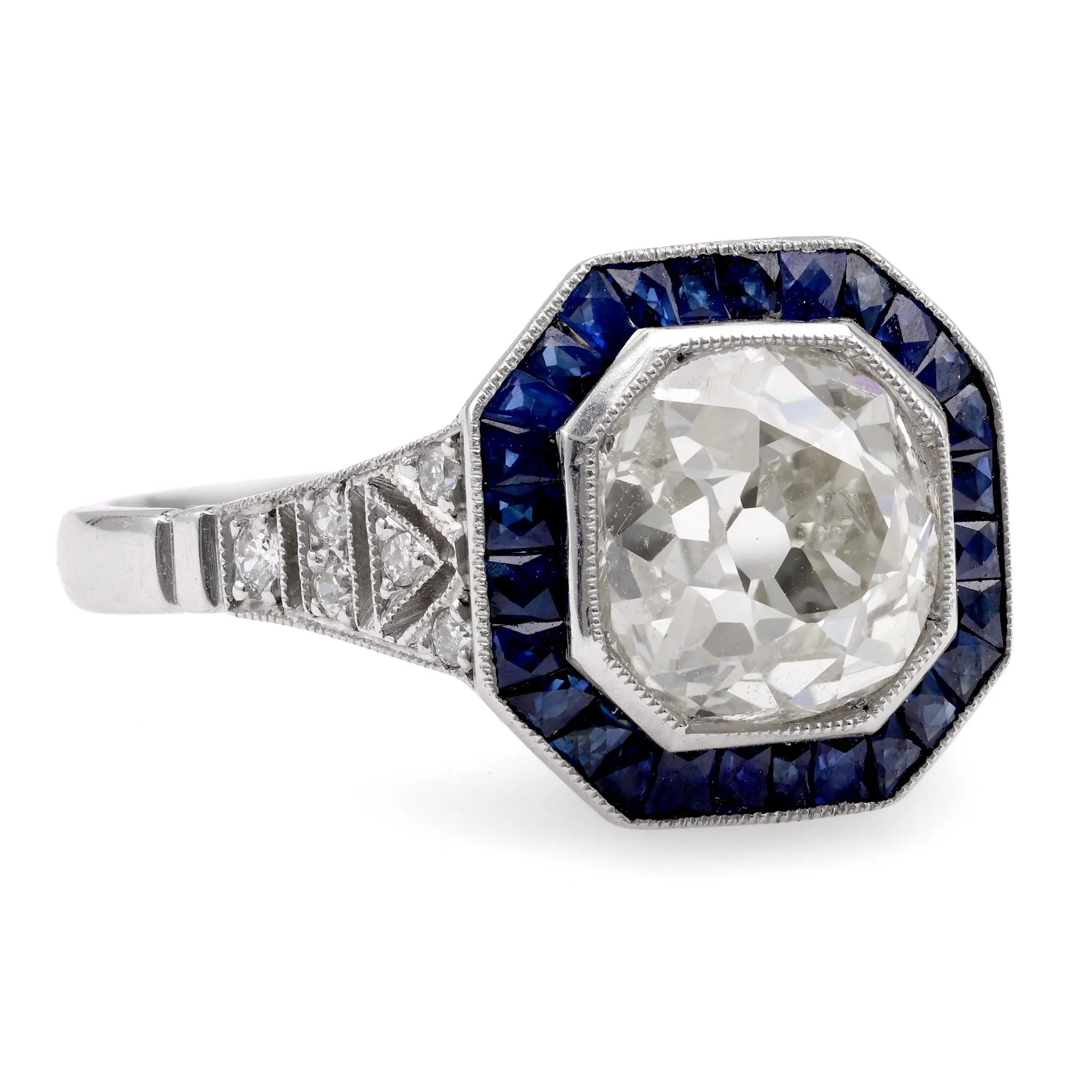 Art Deco Inspired 2.49 Carat Old Mine Diamond Sapphire Platinum Halo Ring