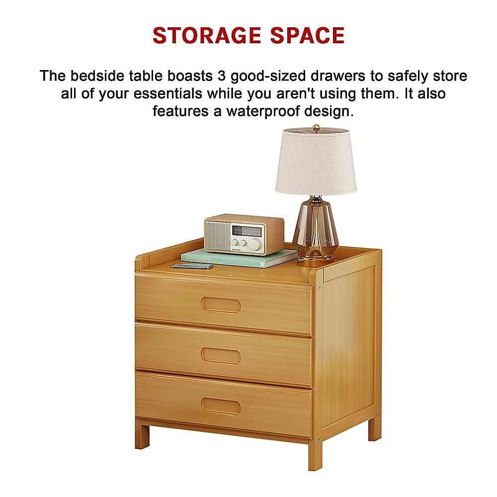 Bamboo Bedside Table with 3 Drawers, Waterproof Storage