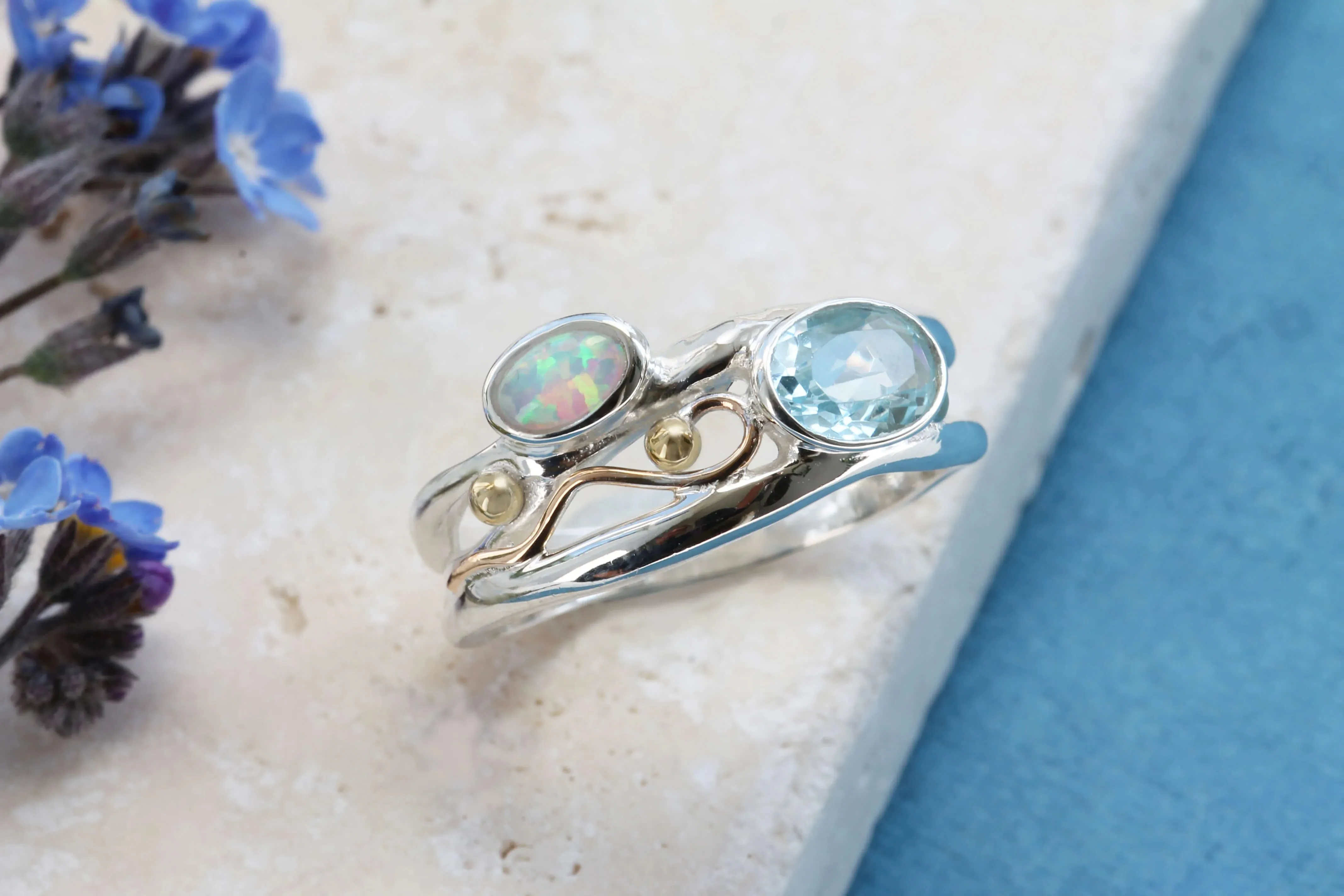 Banyan Blue Topaz and Opalite Ring With Gold Filled Details