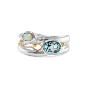 Banyan Blue Topaz and Opalite Ring With Gold Filled Details