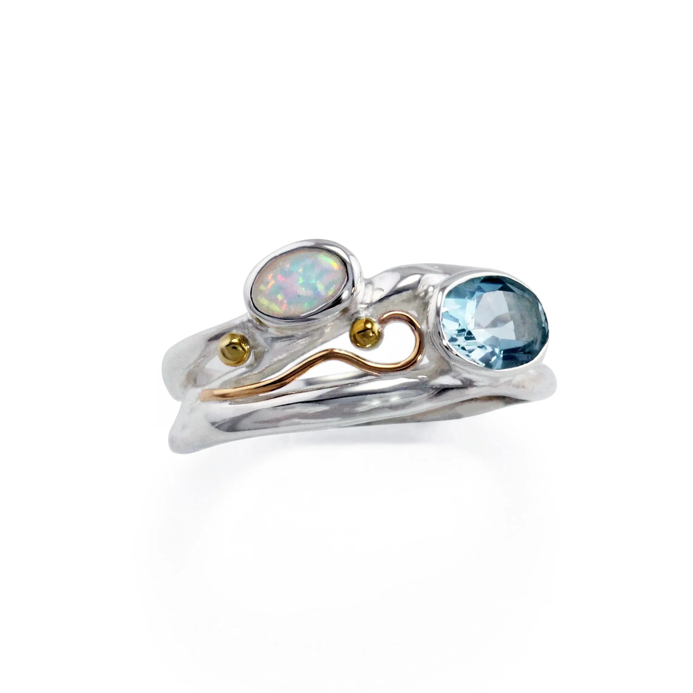 Banyan Blue Topaz and Opalite Ring With Gold Filled Details