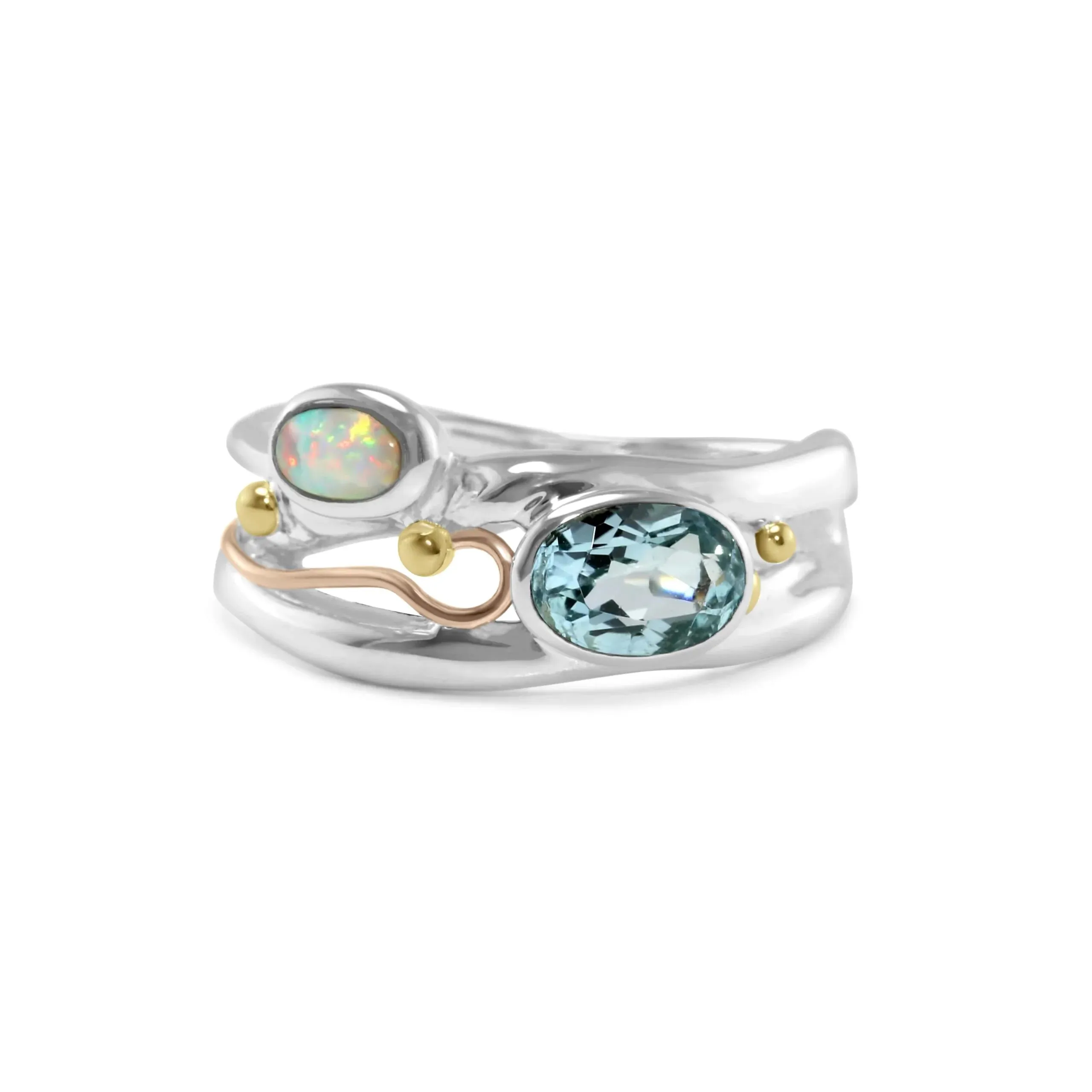Banyan Blue Topaz and Opalite Ring With Gold Filled Details