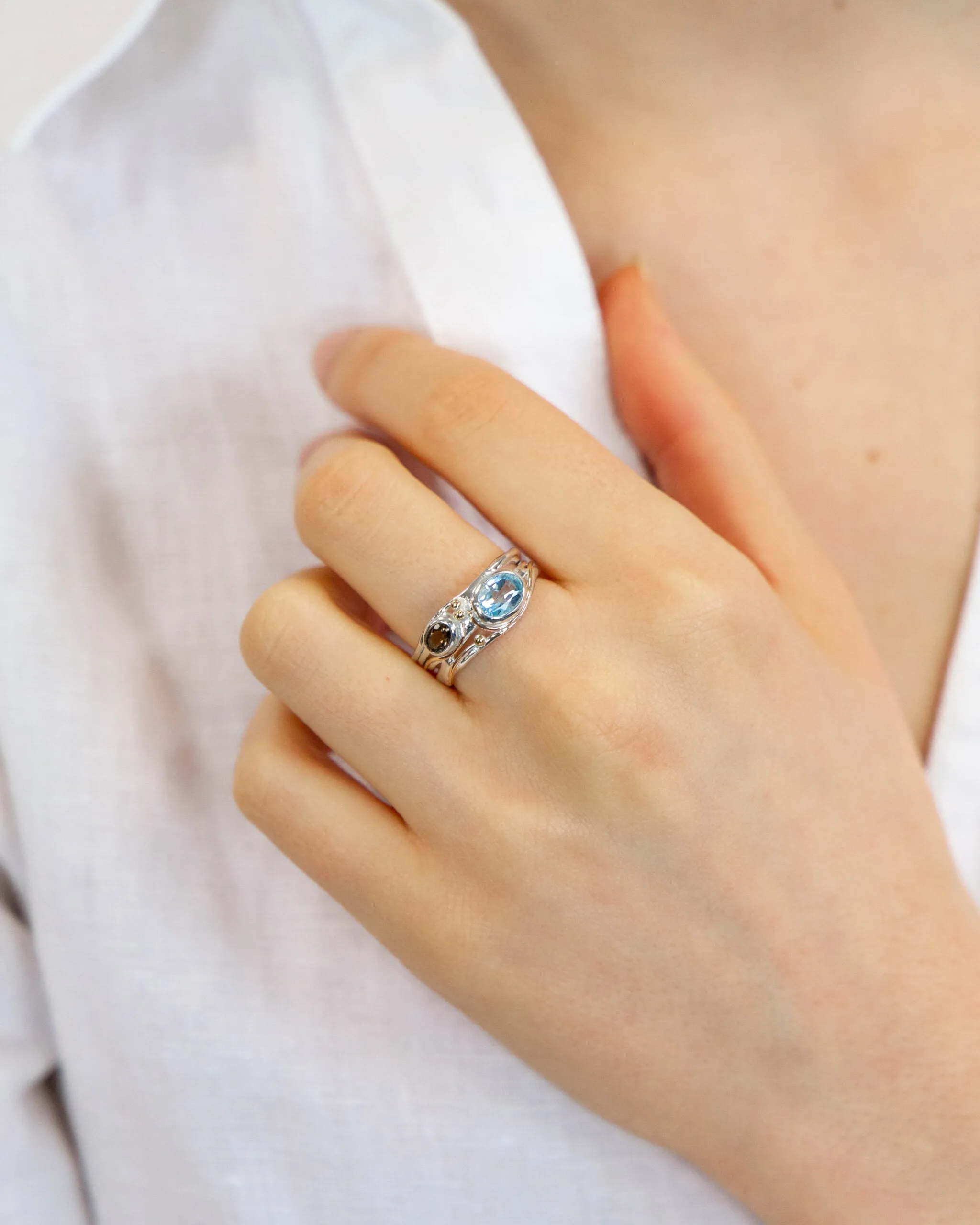 Banyan Blue Topaz and Smoky Quartz Sterling Silver Ring