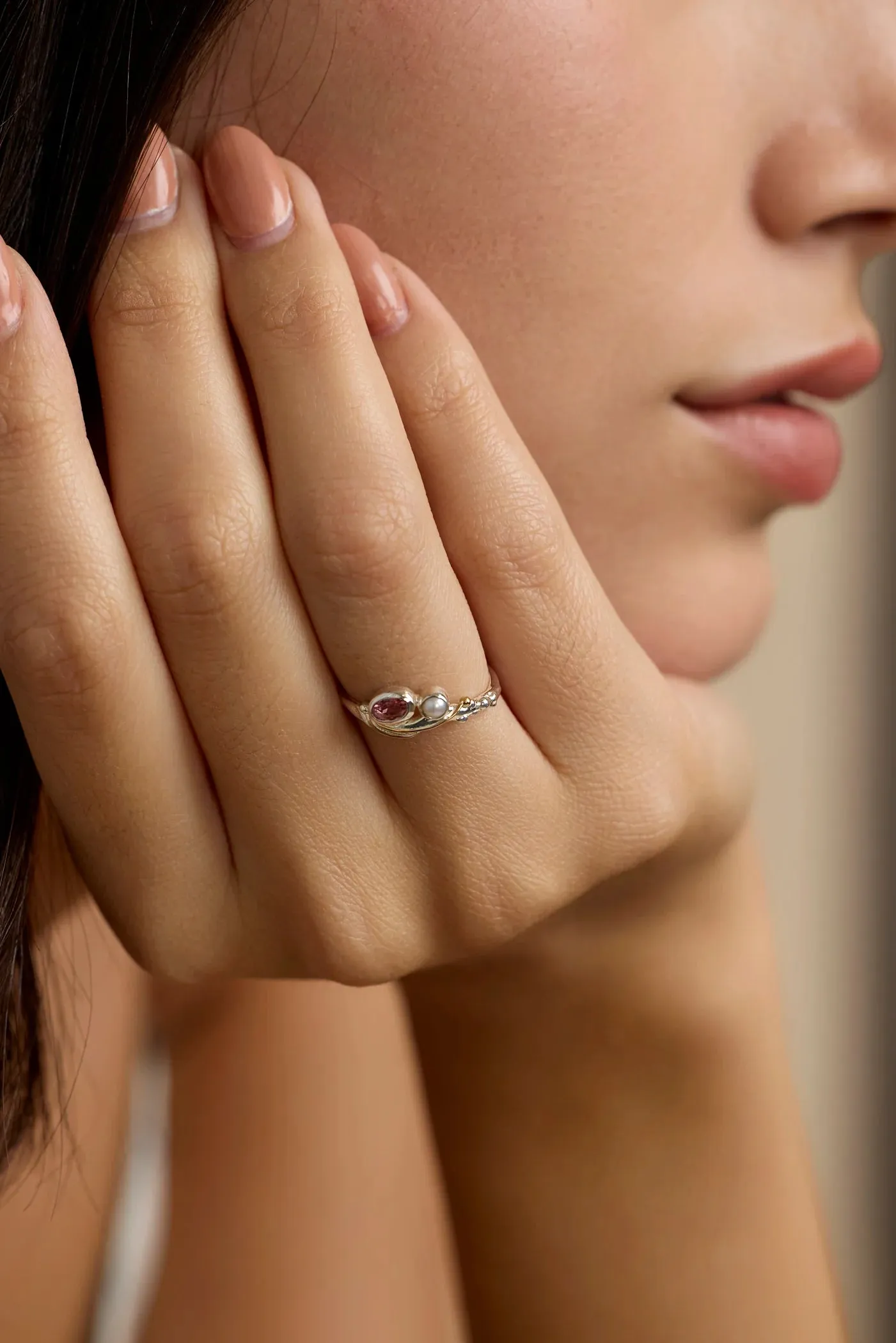 Banyan Dainty Pink Tourmaline and Pearl Ring
