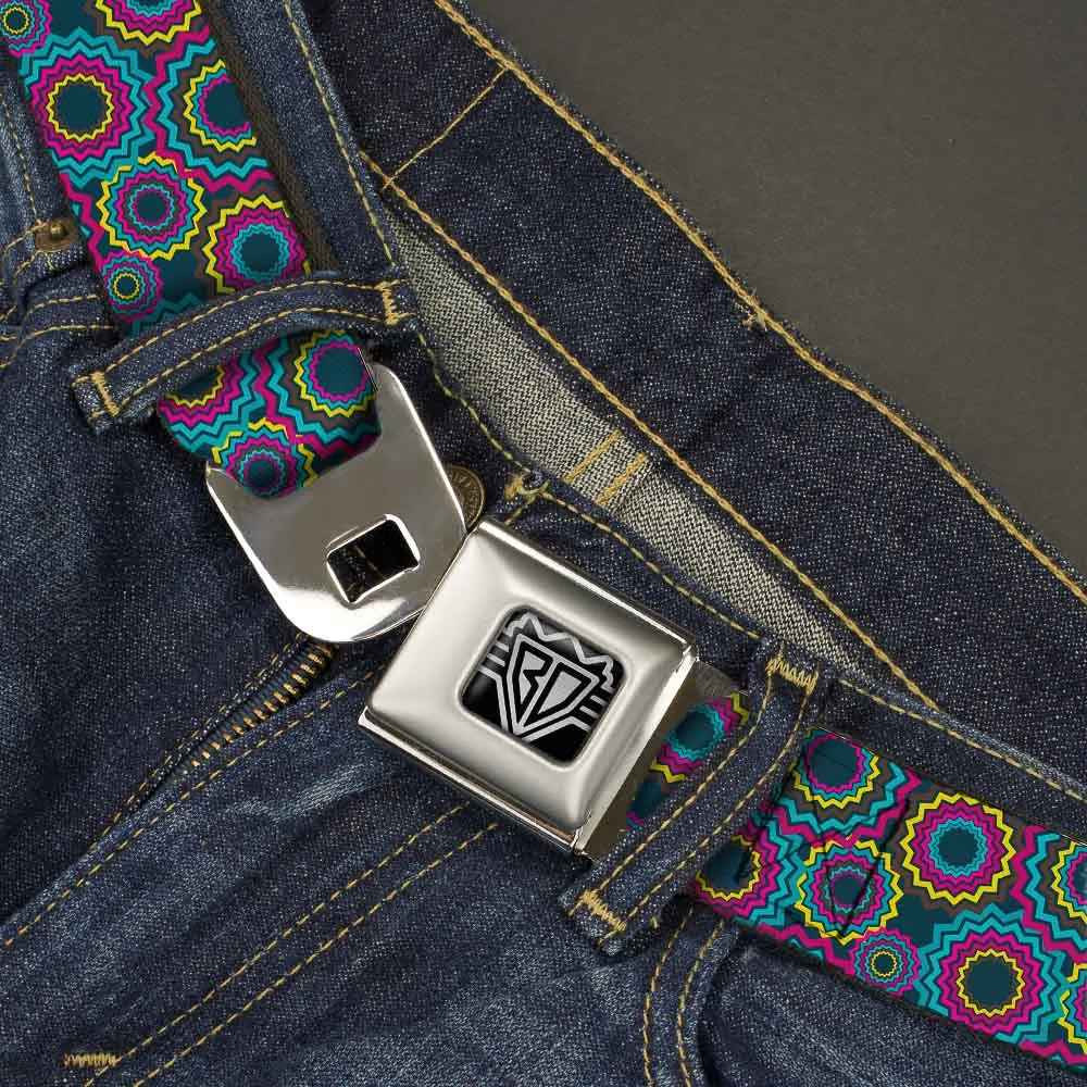 BD Wings Logo CLOSE-UP Full Color Black Silver Seatbelt Belt - Jagged Rings Teals/Fuchsia/Yellow Webbing