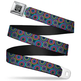 BD Wings Logo CLOSE-UP Full Color Black Silver Seatbelt Belt - Jagged Rings Teals/Fuchsia/Yellow Webbing