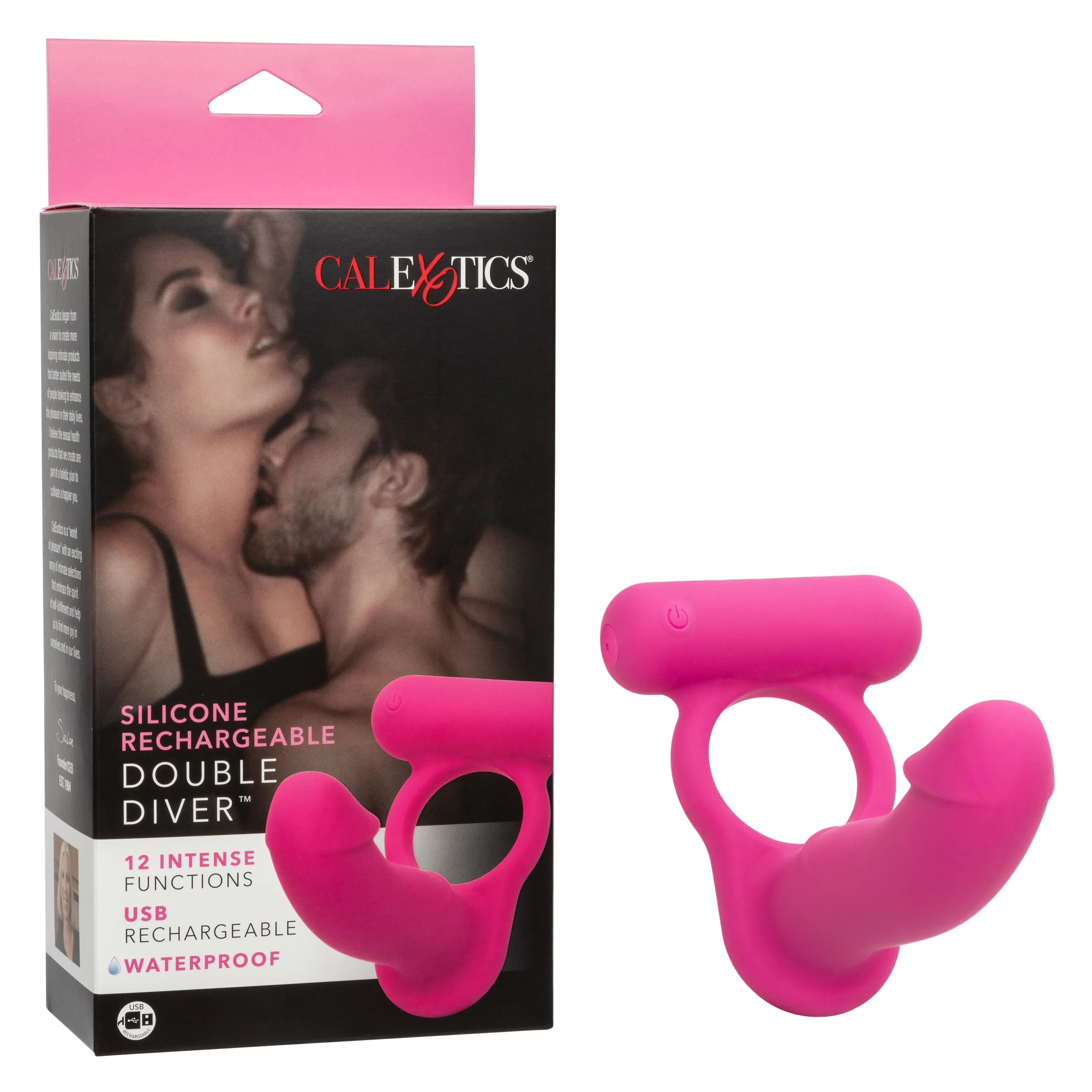 California Exotics - Silicone Rechargeable Double Diver Couple Cock Ring with Dildo (Pink)