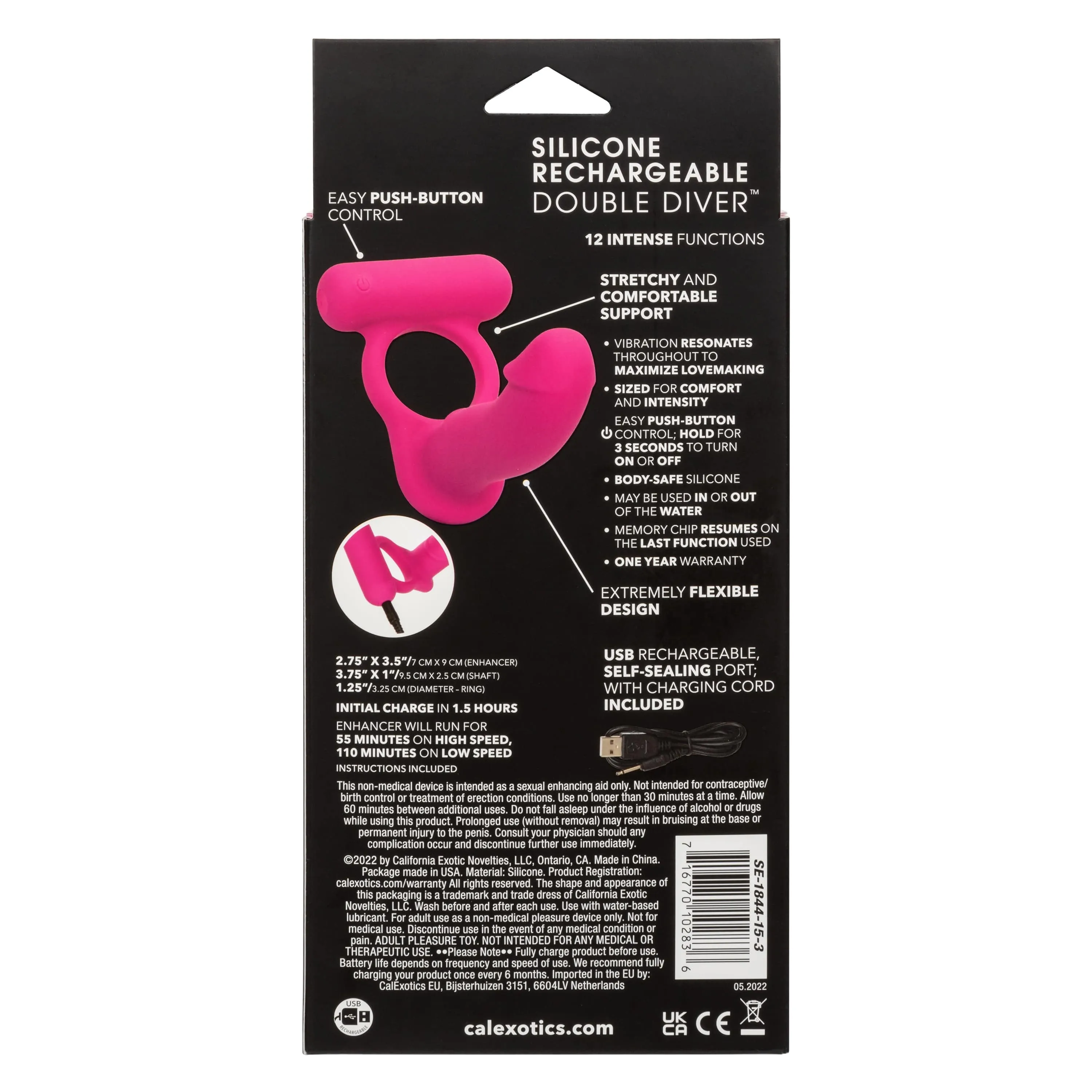 California Exotics - Silicone Rechargeable Double Diver Couple Cock Ring with Dildo (Pink)