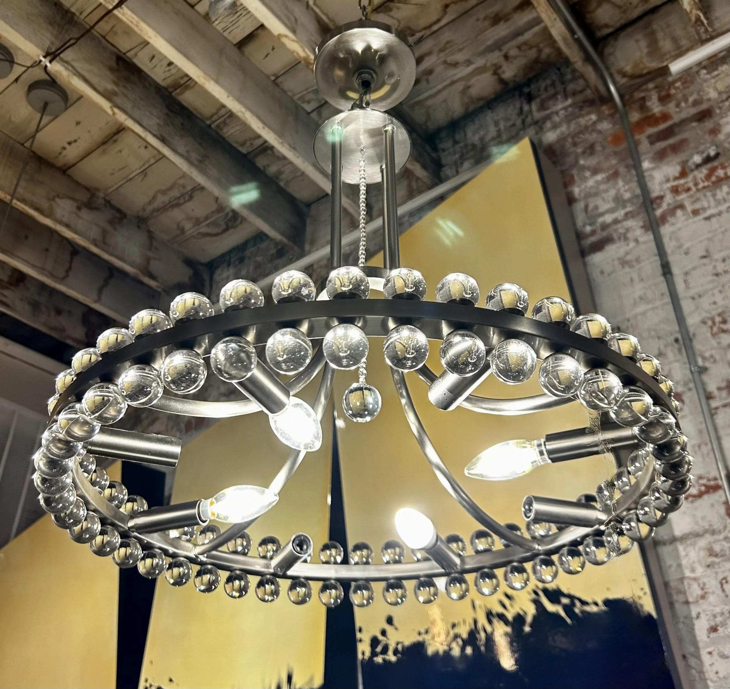Chandelier Hanging Light, Glass Balls, Brushed Nickel, 8 Light