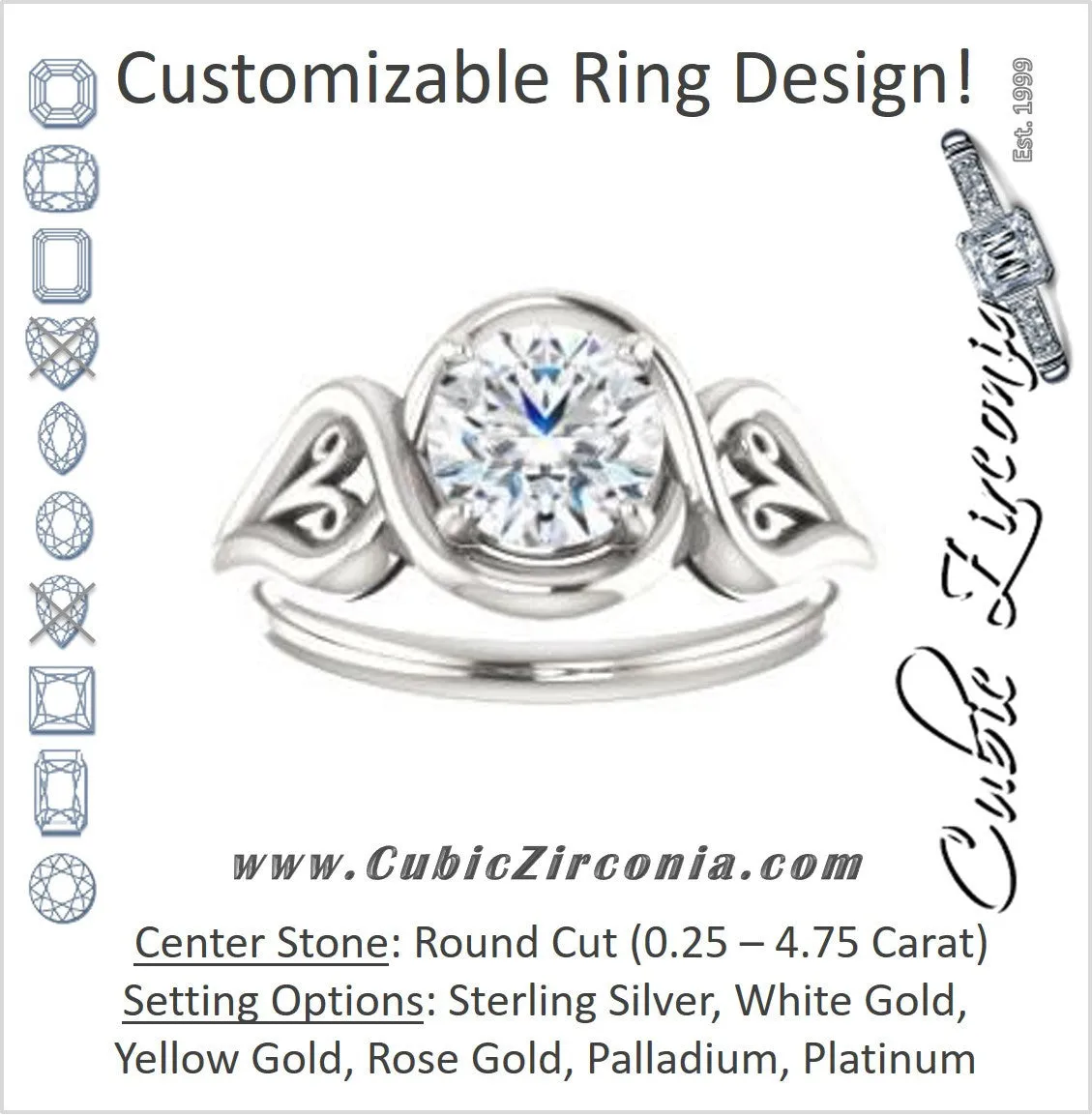 Cubic Zirconia Engagement Ring- The Bentley (Customizable Round Cut Solitaire with Wide Tapered Band and Side Engraving Motif)