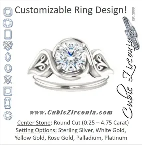Cubic Zirconia Engagement Ring- The Bentley (Customizable Round Cut Solitaire with Wide Tapered Band and Side Engraving Motif)