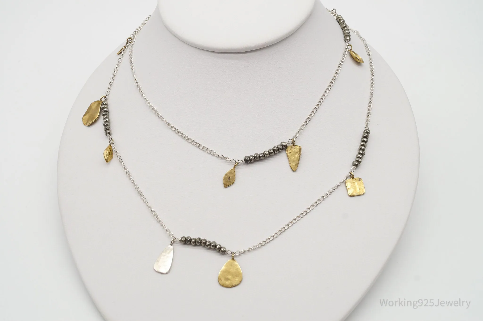 Designer Silpada "Pedal To The Metal" Pyrite Brass Sterling Silver Necklace 36"