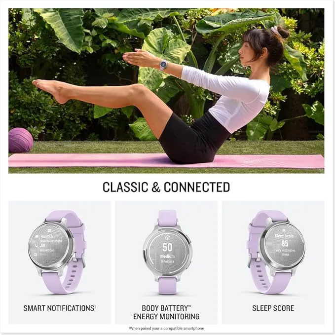 Garmin Lily 2 Active Women's Silver With Purple Jasmine Silicone Band Built-in GPS Hidden Display Patterned Lens Up To 9 Days Battery Life Small and Stylish Smartwatch - 010-02891-01
