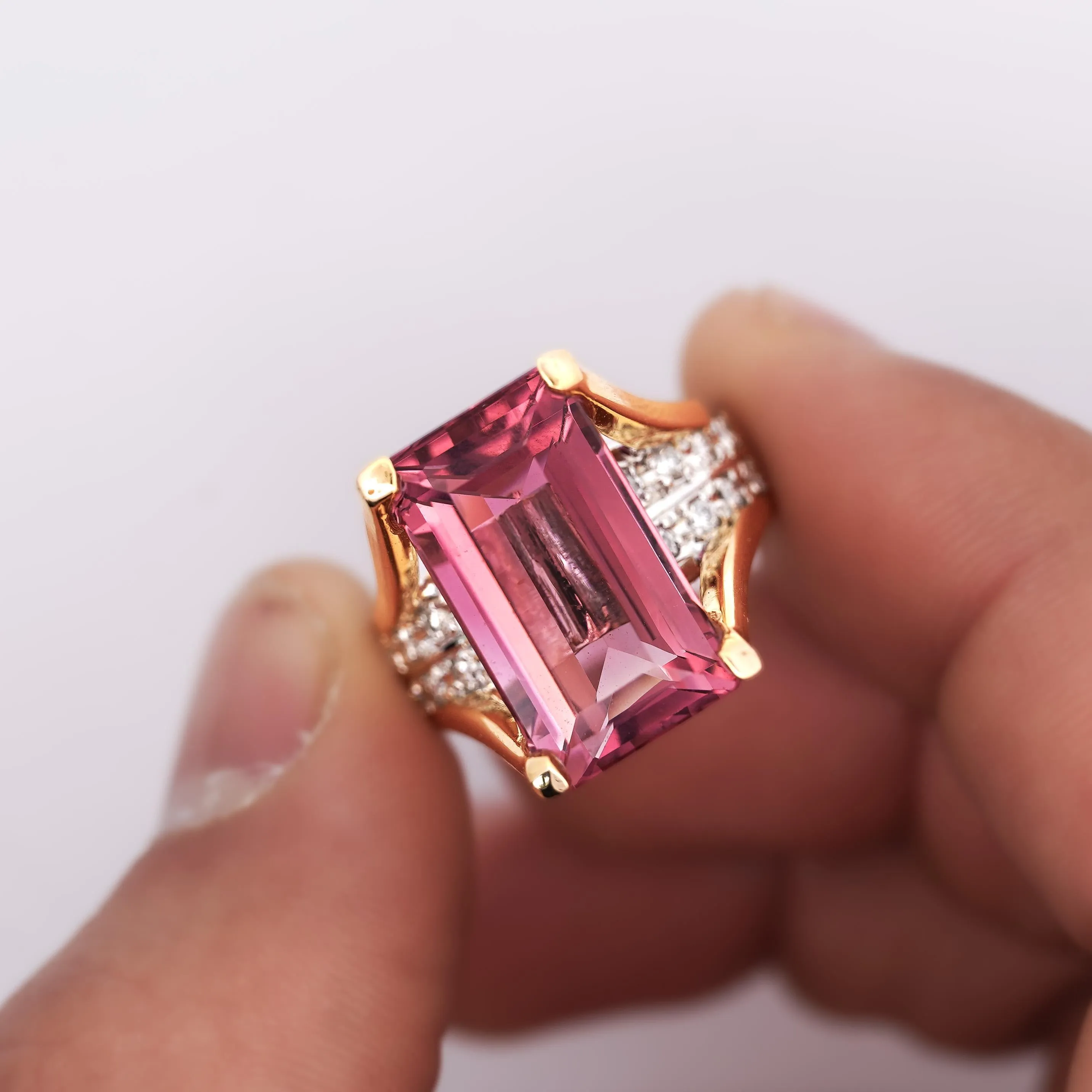 GIA Certified 15.07 Carat Emerald Cut Pink Tourmaline and Diamond Ring