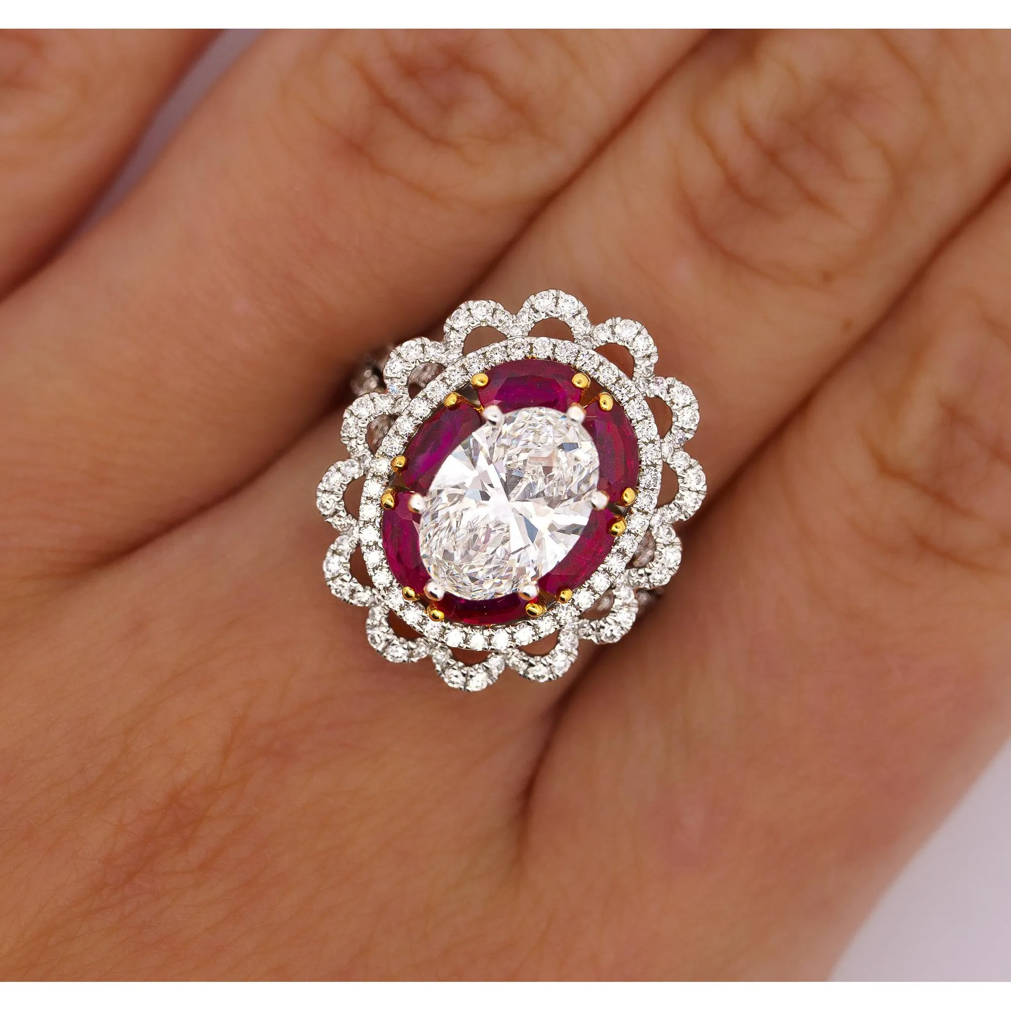 GIA Certified 2.8 Carat Oval Lab Diamond & Ruby Halo Floral 18K Ring