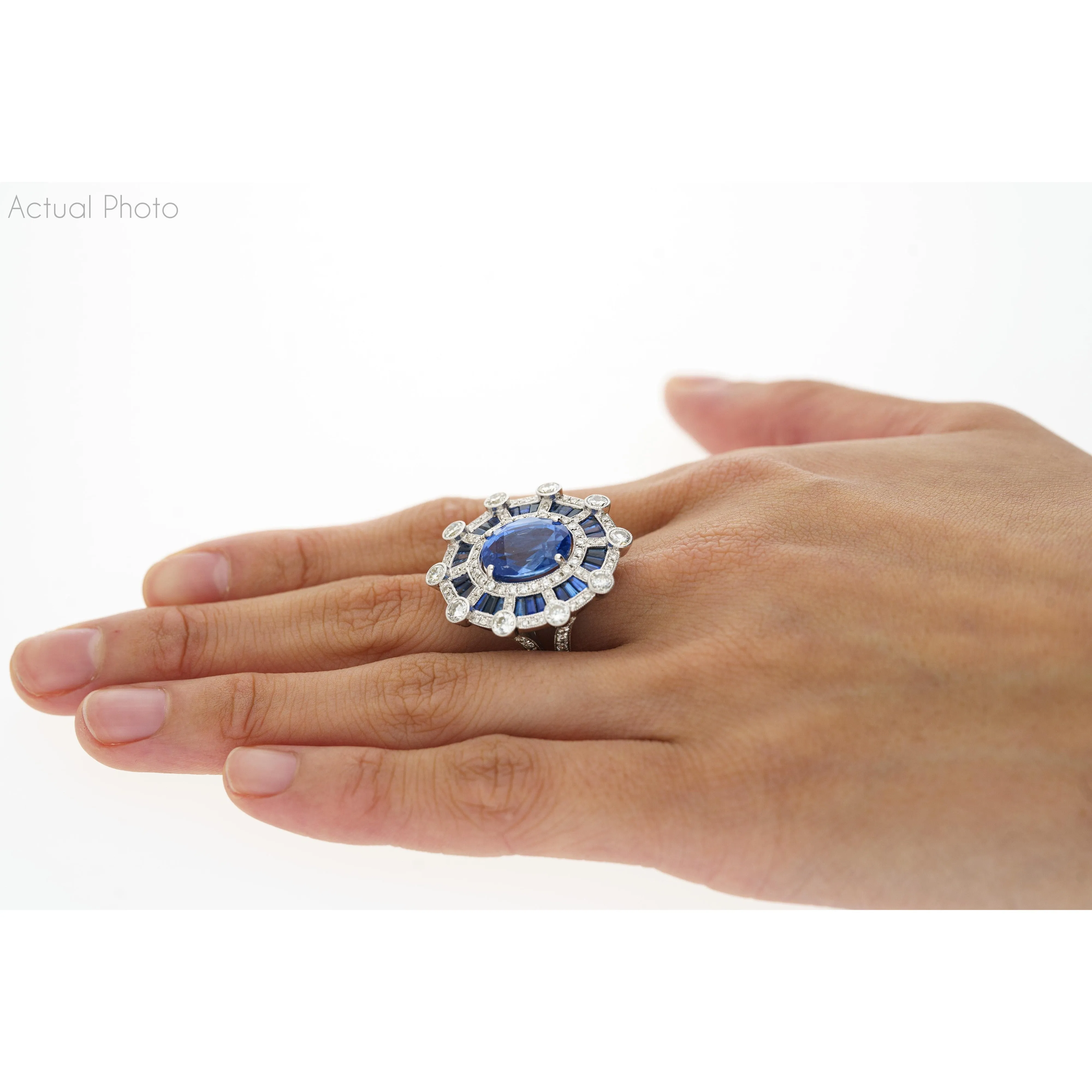 GIA Certified 8.46 Carat No Heat Blue Sapphire & Diamond Art Deco Style Ring