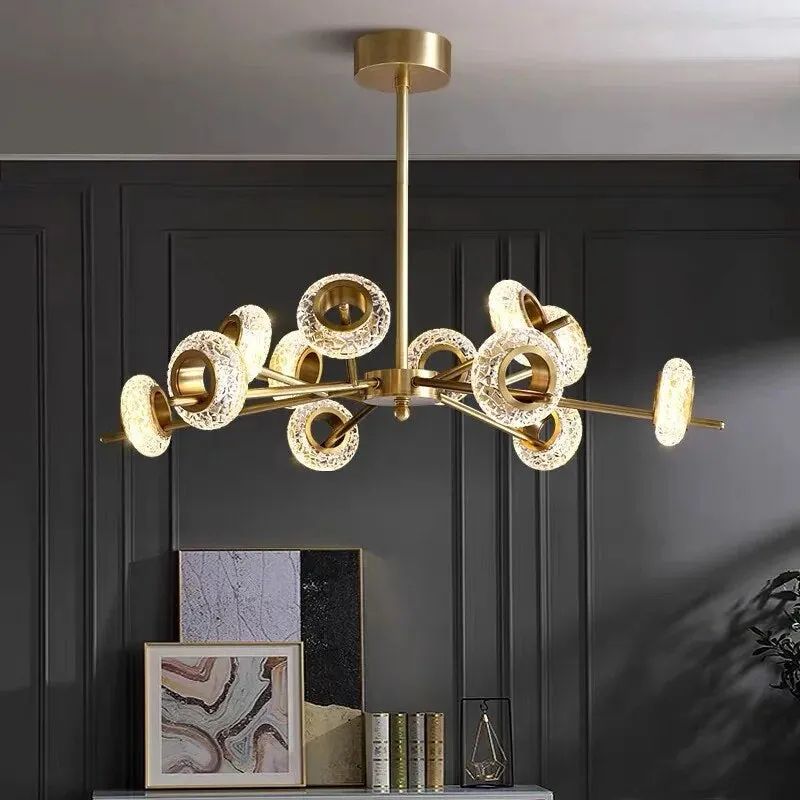 Golden Halo Circlets Modern LED Crystal Shape Glass Long Bar Chandelier Luxurious Gold Light Fixture