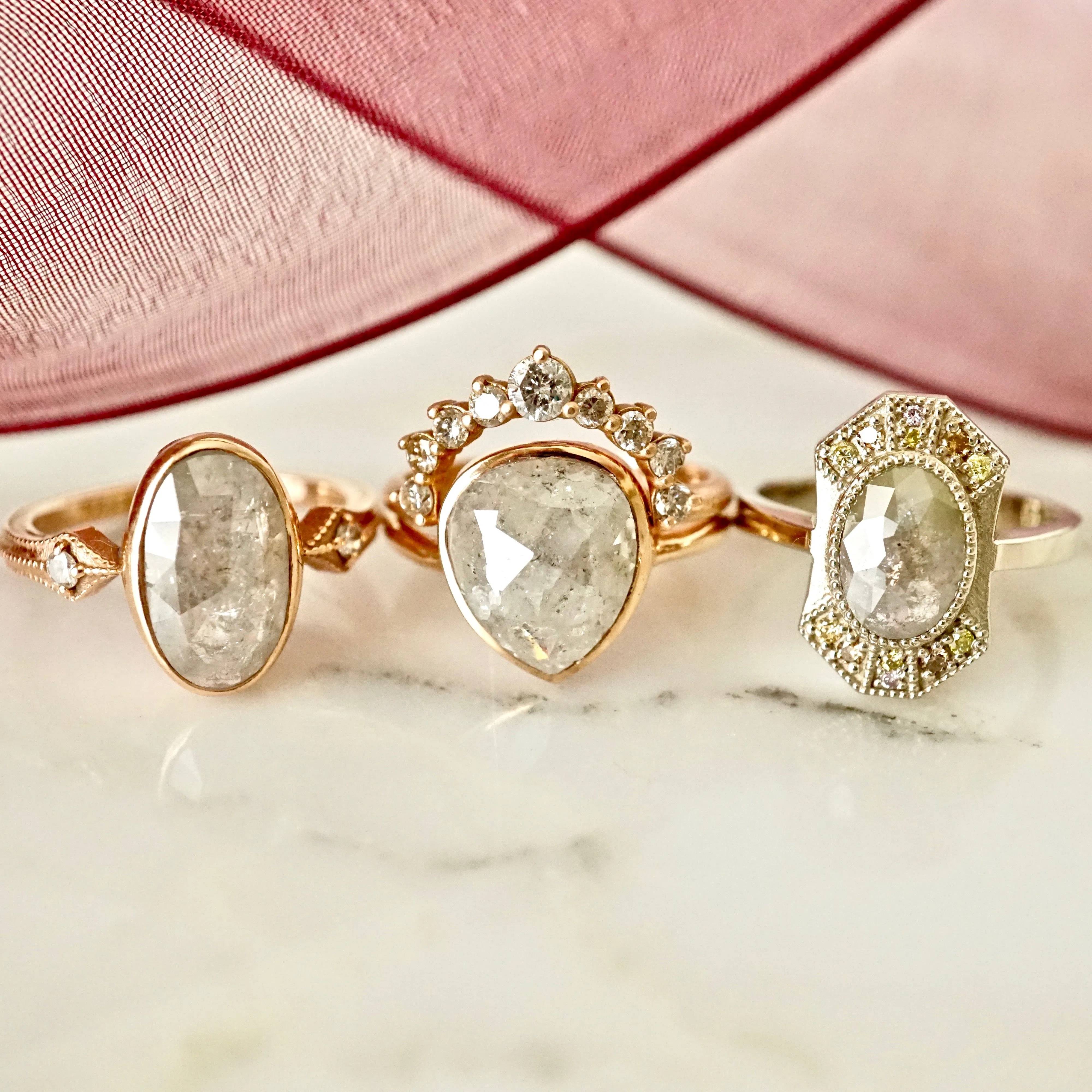 Grey Rose Cut Diamond Engagement Ring - Oval Gray Raw Diamond Ring - Rustic Diamond Ring