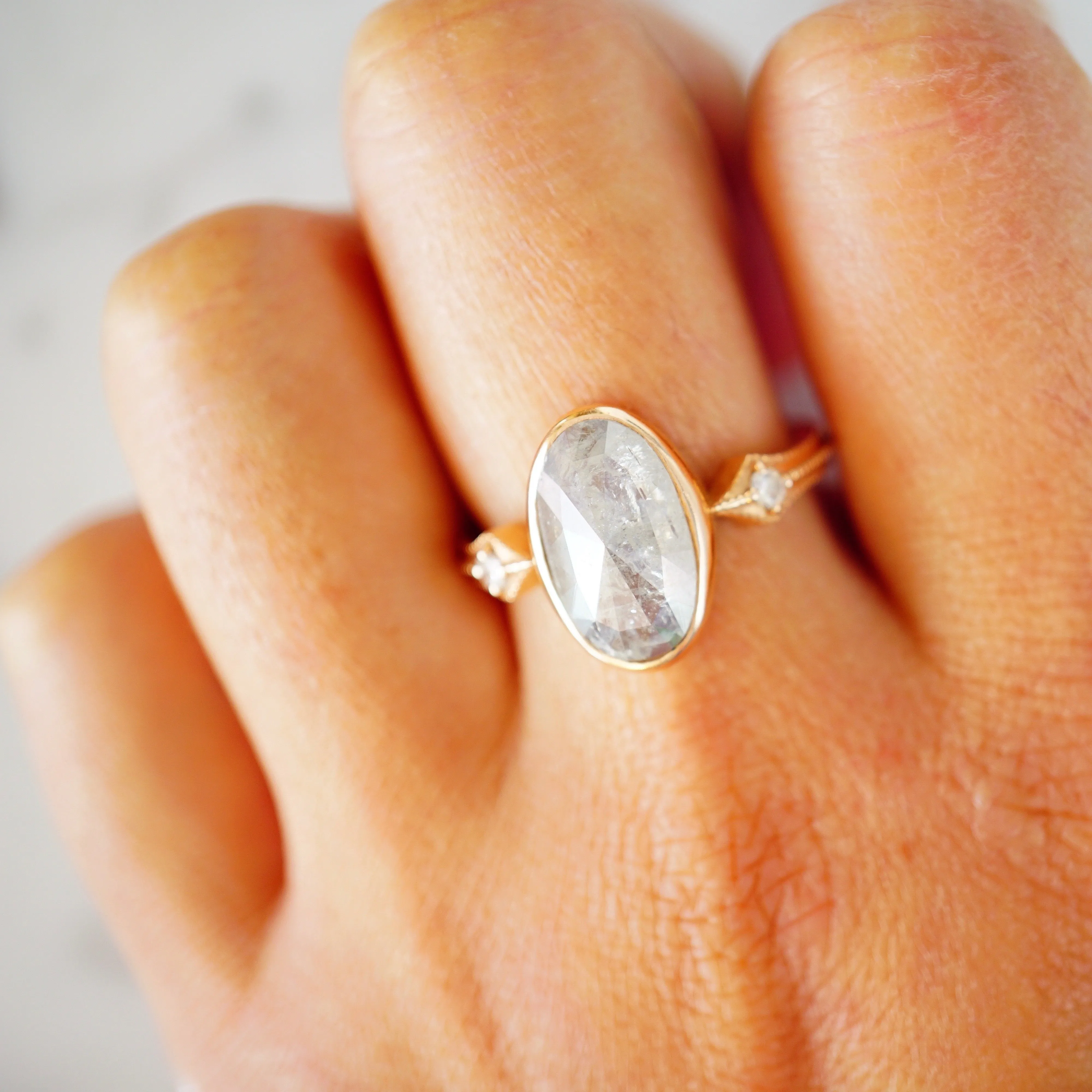 Grey Rose Cut Diamond Engagement Ring - Oval Gray Raw Diamond Ring - Rustic Diamond Ring