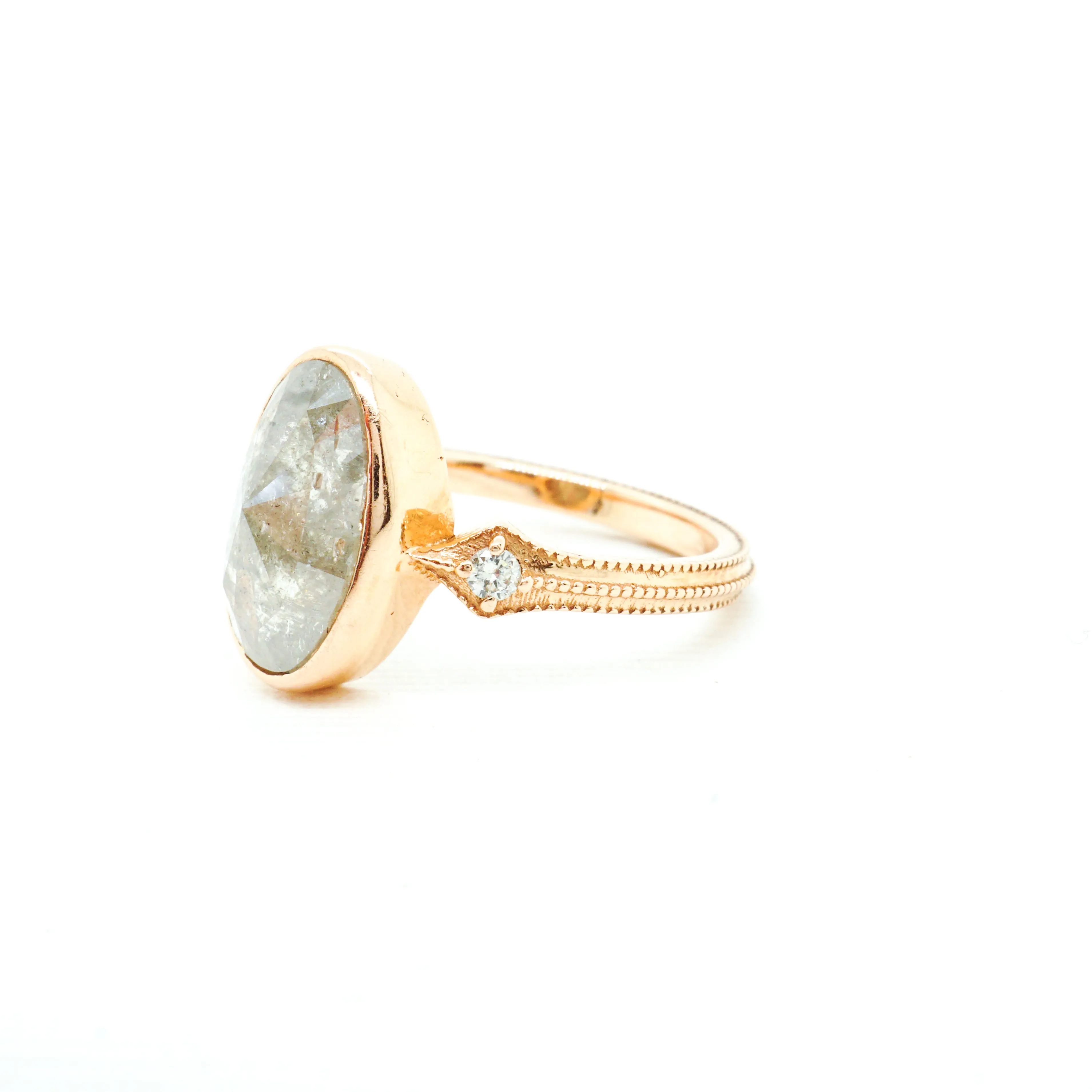 Grey Rose Cut Diamond Engagement Ring - Oval Gray Raw Diamond Ring - Rustic Diamond Ring