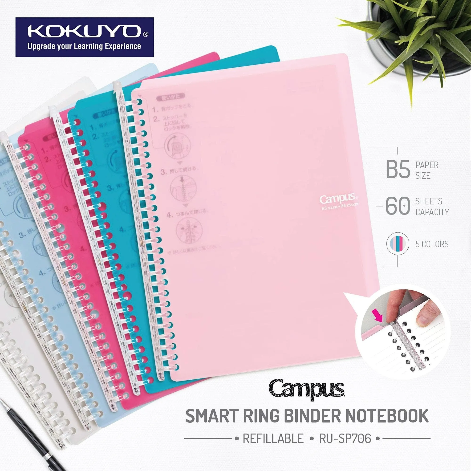 Kokuyo B5 Campus BLUE GREEN B5 Smart Ring Binder Notebook Sp706 26 Rings "Lay Flat" | 60 Sheets
