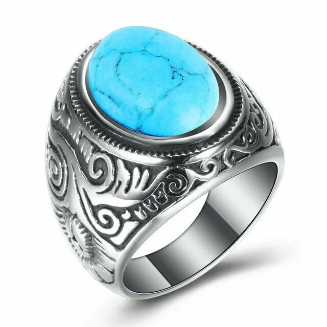 MDL™ Men's Native Indian Stainless Steel Oval Turquoise Ring (Size 7-15)
