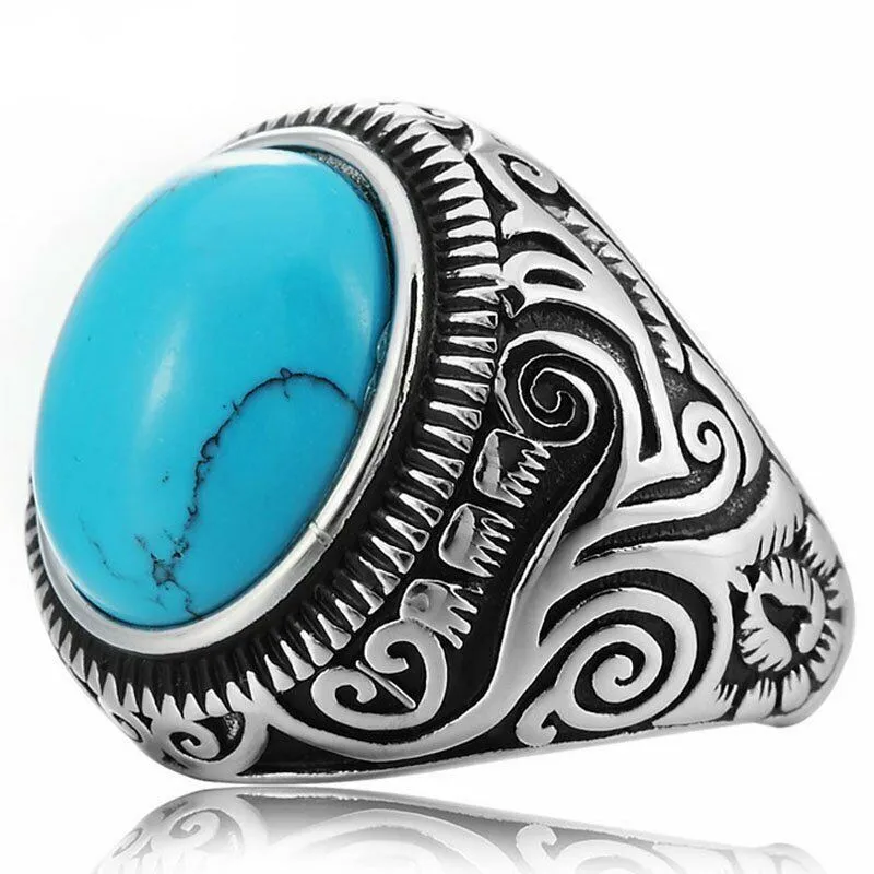 MDL™ Men's Native Indian Stainless Steel Oval Turquoise Ring (Size 7-15)
