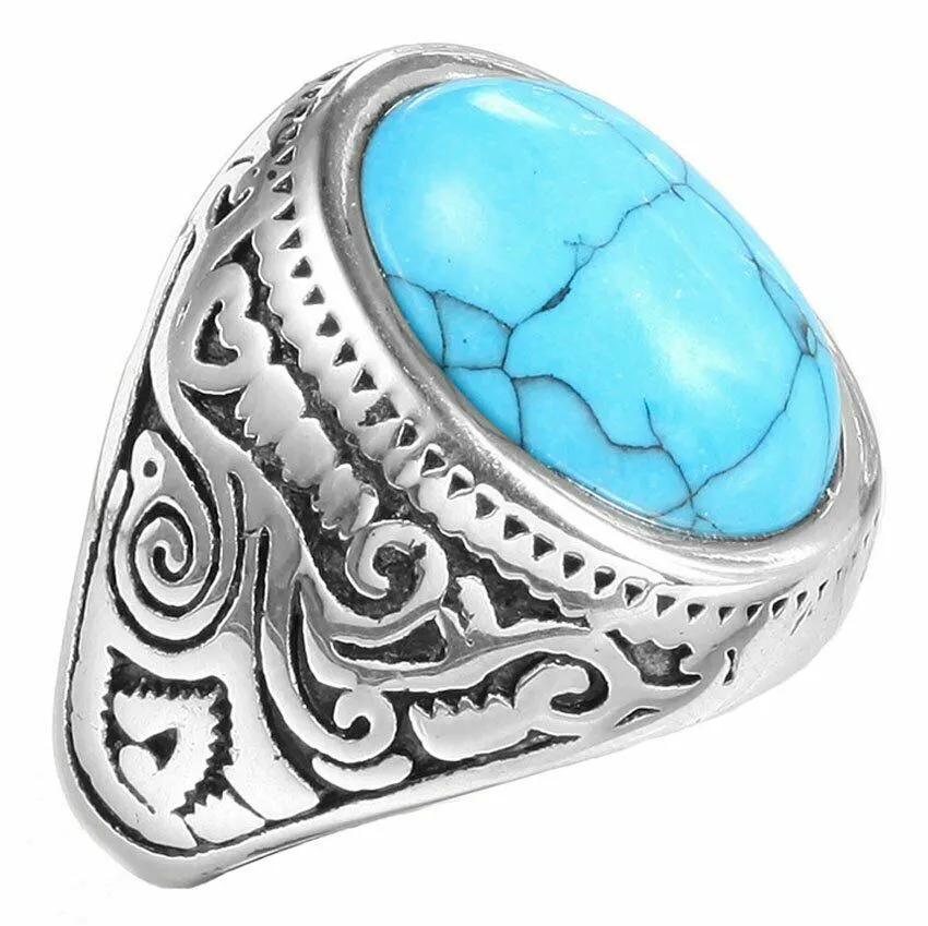MDL™ Men's Native Indian Stainless Steel Oval Turquoise Ring (Size 7-15)