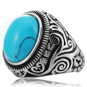 MDL™ Men's Native Indian Stainless Steel Oval Turquoise Ring (Size 7-15)