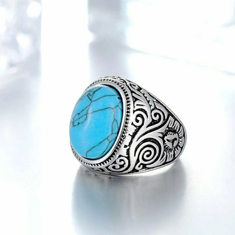 MDL™ Men's Native Indian Stainless Steel Oval Turquoise Ring (Size 7-15)