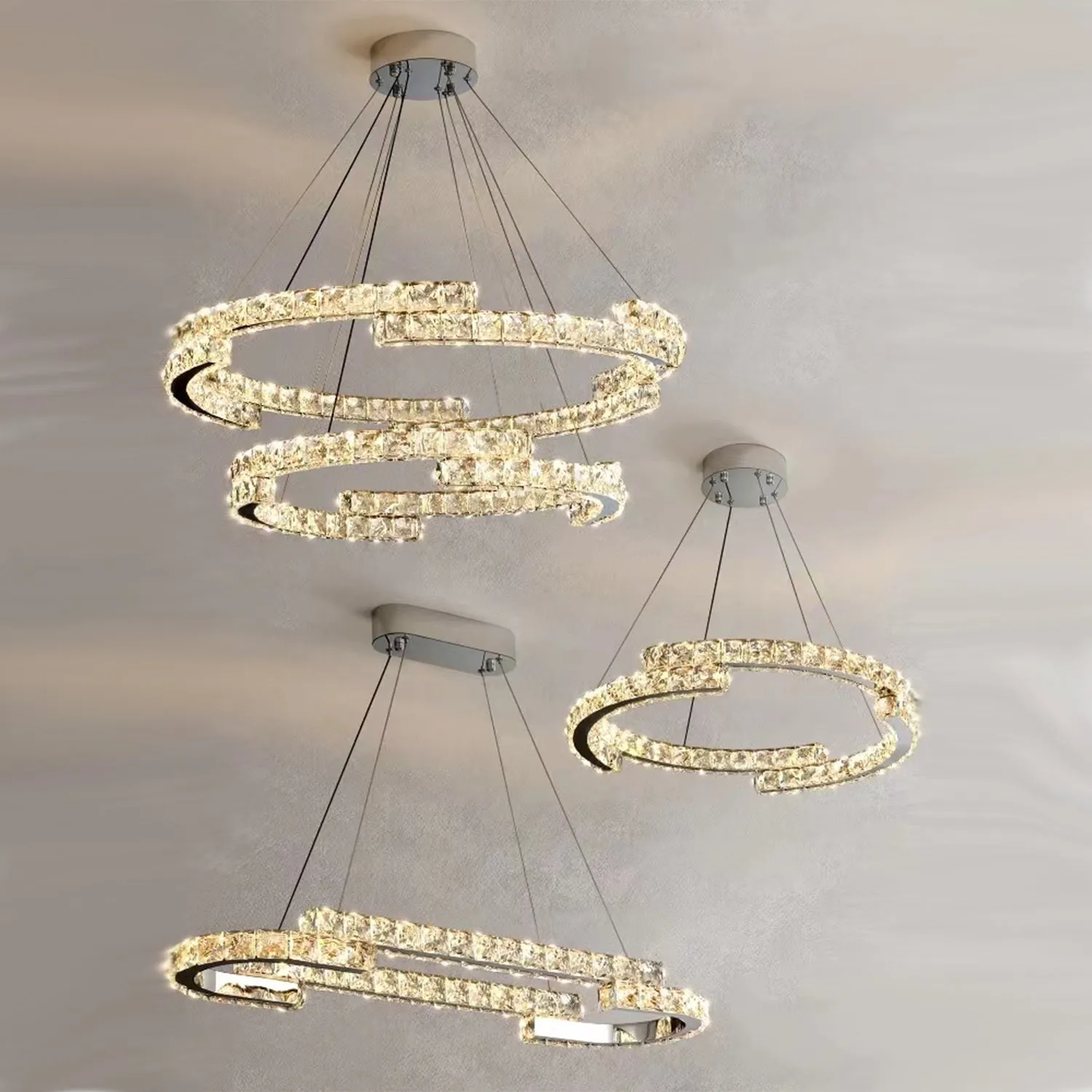 Modern Luxury Crystal Pendant Irregular Rings Chandelier Suit for Living/Dining Room/Bedroom
