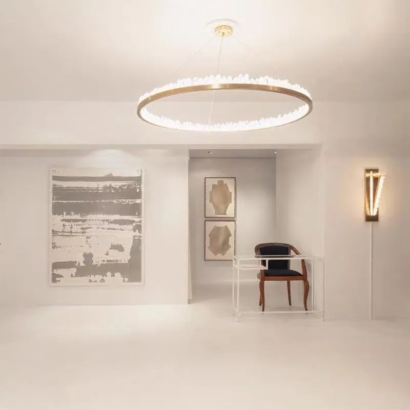 Modern Style Rings Brass & Natural Quartz Crystal Chandelier in Brass/Black Finish