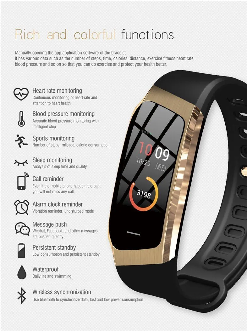 New Smart Band Colour Touch Screen IP67 Waterproof Blood Pressure Oxygen Heart Rate Monitor Sport Bracelet