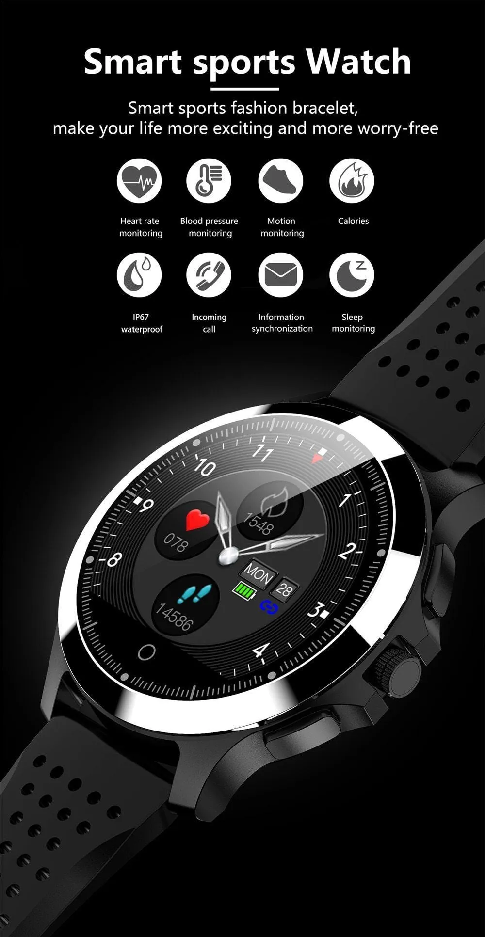 New Waterproof Fitness Bracelet Smartwatch Blood Pressure Heart Rate Monitor Pedometer For iPhone Android