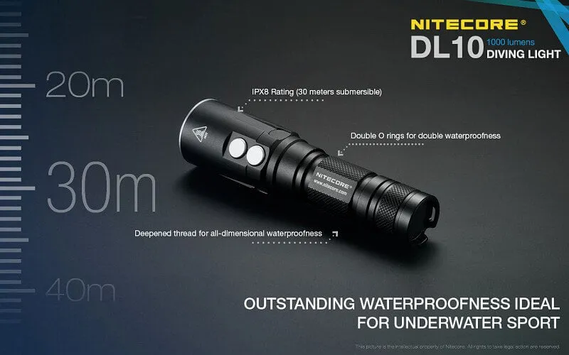 Nitecore DL10 Diving light with NL1826R 2600mAh USB Rechargeable 18650 Battery
