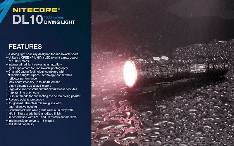 Nitecore DL10 Diving light with NL1826R 2600mAh USB Rechargeable 18650 Battery