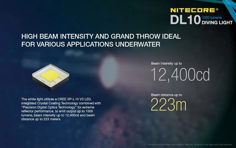 Nitecore DL10 Diving light with NL1826R 2600mAh USB Rechargeable 18650 Battery