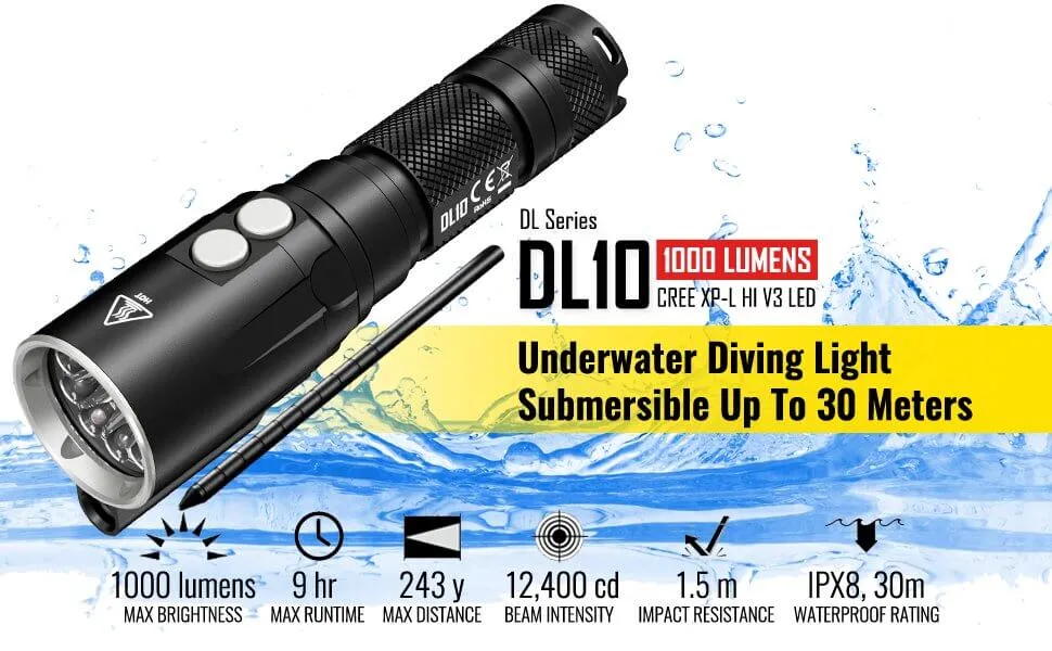 Nitecore DL10 Diving light with NL1826R 2600mAh USB Rechargeable 18650 Battery