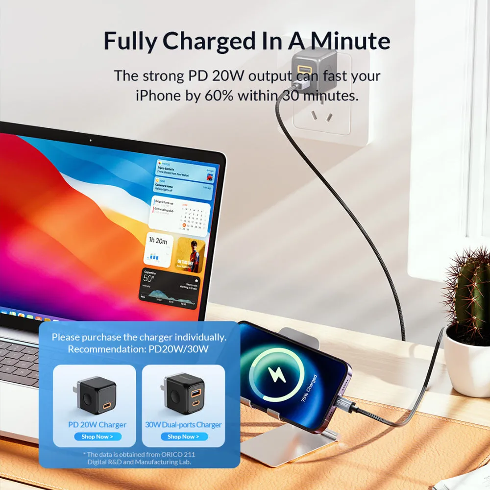 ORICO GQA12 (1m / 1.5m / 2m) USB-A to Lightning Fast Charging Data Cable 5V/2.4A 12W, 480Mbps Transmission Rate, Nylon-Braided Aluminum Alloy for iPhone, iPad, Air Pods