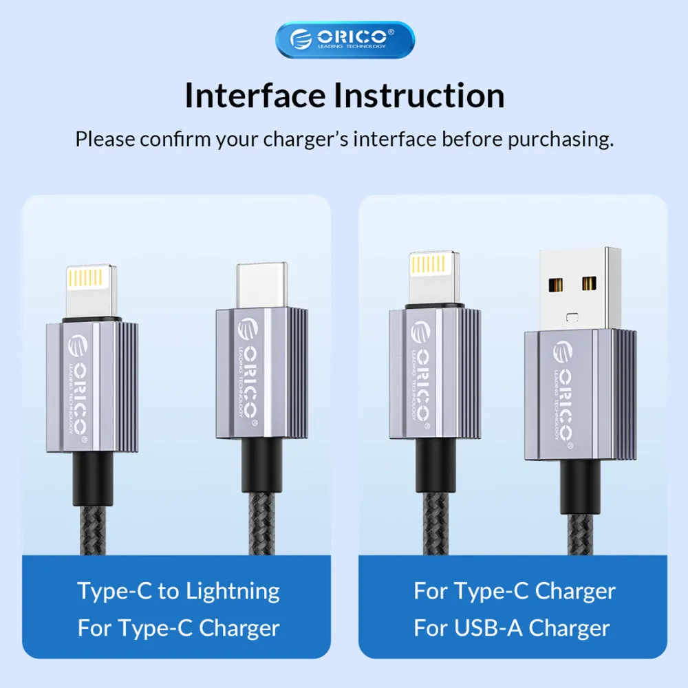 ORICO GQA12 (1m / 1.5m / 2m) USB-A to Lightning Fast Charging Data Cable 5V/2.4A 12W, 480Mbps Transmission Rate, Nylon-Braided Aluminum Alloy for iPhone, iPad, Air Pods