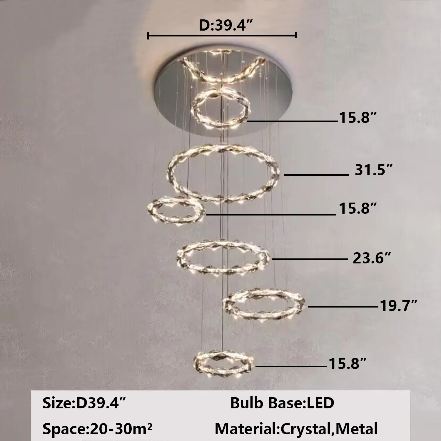 Oversized Multi-Tiered Rings Crystal Chandelier Modern Clear and Grey Crystal Ceiling Light Fixture For Staircase/Foyer/Hallway/Entryway
