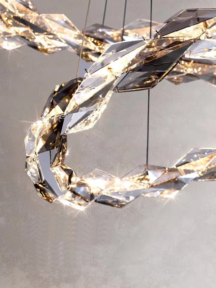 Oversized Multi-Tiered Rings Crystal Chandelier Modern Clear and Grey Crystal Ceiling Light Fixture For Staircase/Foyer/Hallway/Entryway