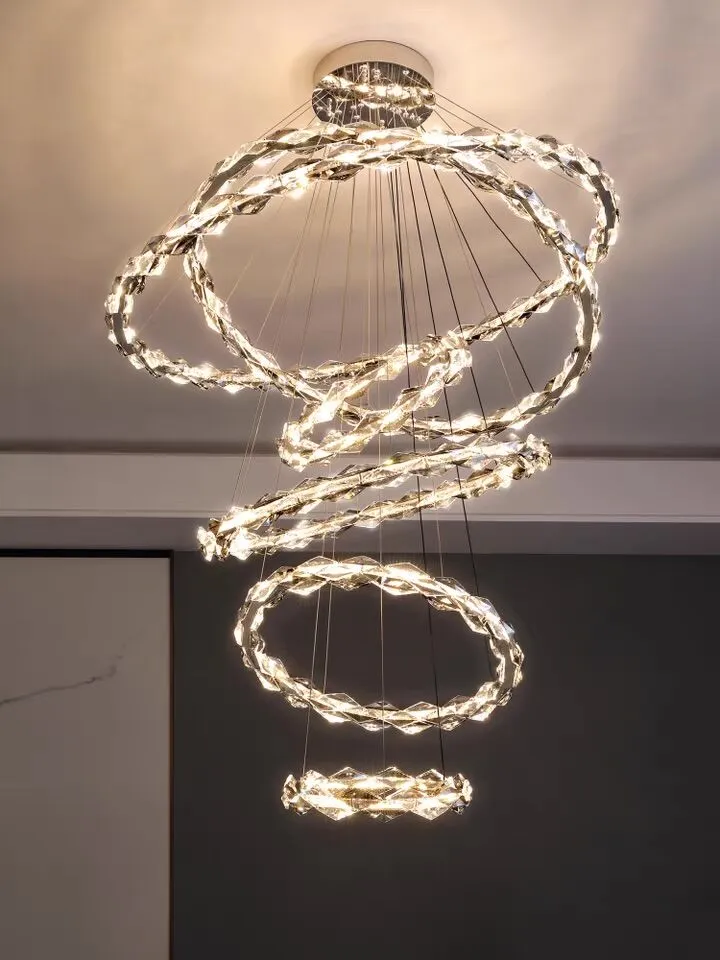 Oversized Multi-Tiered Rings Crystal Chandelier Modern Clear and Grey Crystal Ceiling Light Fixture For Staircase/Foyer/Hallway/Entryway