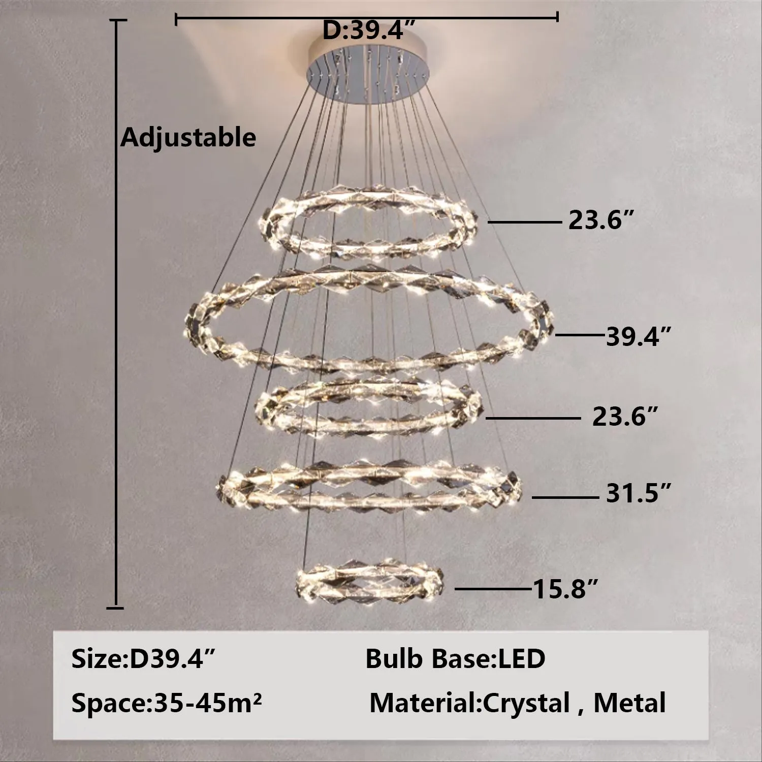 Oversized Multi-Tiered Rings Crystal Chandelier Modern Clear and Grey Crystal Ceiling Light Fixture For Staircase/Foyer/Hallway/Entryway